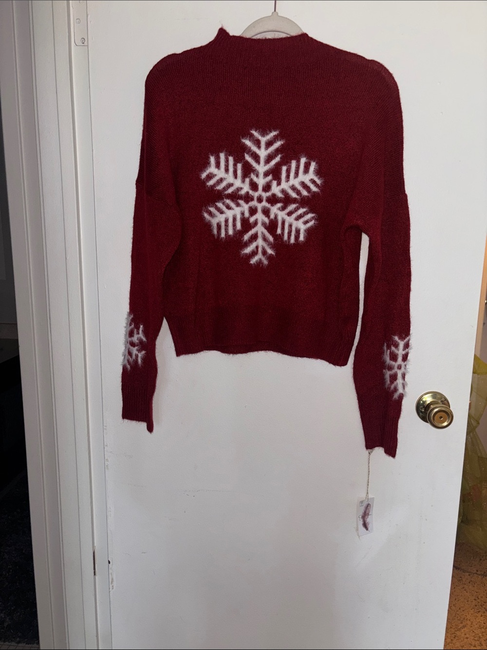 Jessica Simpson Red Crewneck Sweater with White Snowflake Motifs